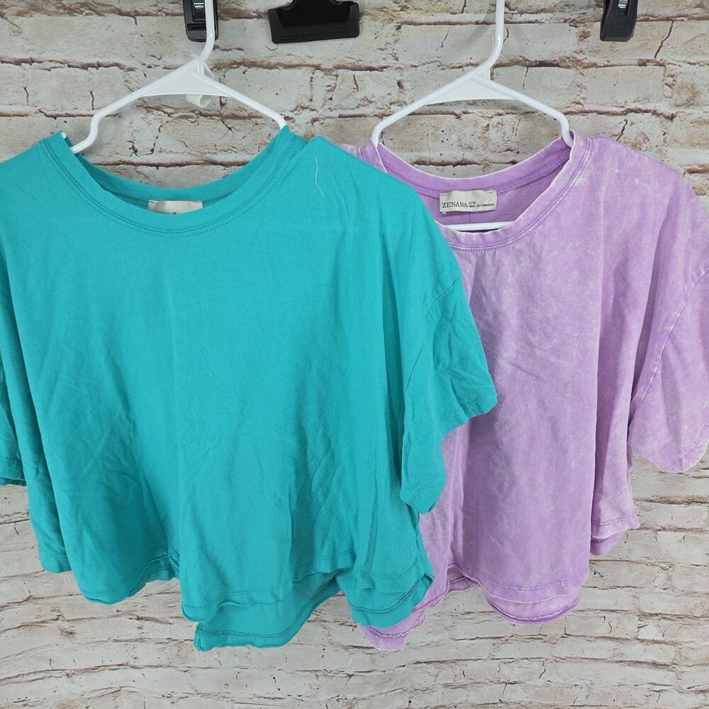 Zenana Set Of 2 Crop Tops Size S/M NEW Short Sleeve Teal Purple Oversized